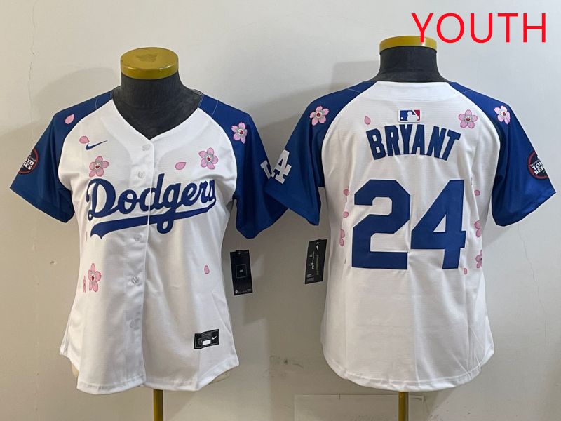Youth Los Angeles Dodgers #24 Bryant White Blue Sakura Edition 2025 Nike MLB Jersey style 5